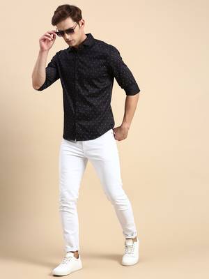 men's long sleeves geometric navy blue shirt 5