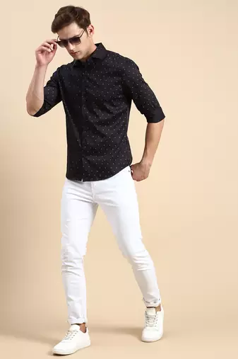 men's long sleeves geometric navy blue shirt