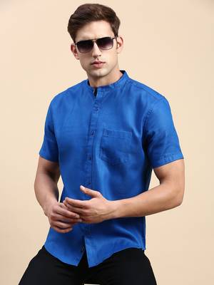 men's short sleeves solid blue shirt 1