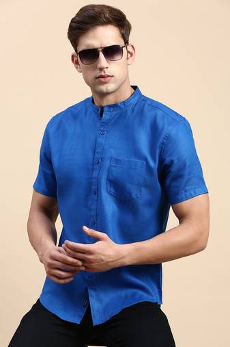 men's short sleeves solid blue shirt