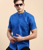 men's short sleeves solid blue shirt