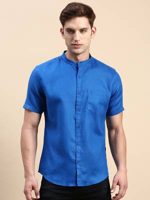 men's short sleeves solid blue shirt 2