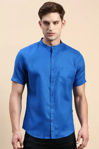 men's short sleeves solid blue shirt