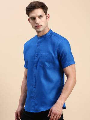 men's short sleeves solid blue shirt 3