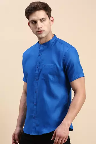 men's short sleeves solid blue shirt