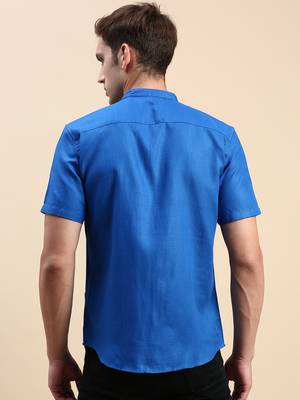 men's short sleeves solid blue shirt 4