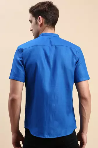 men's short sleeves solid blue shirt