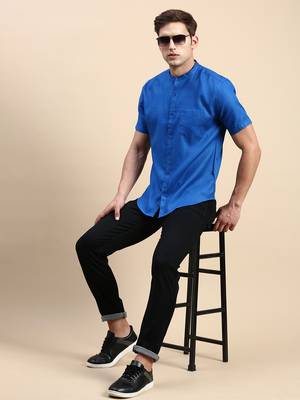 men's short sleeves solid blue shirt 5