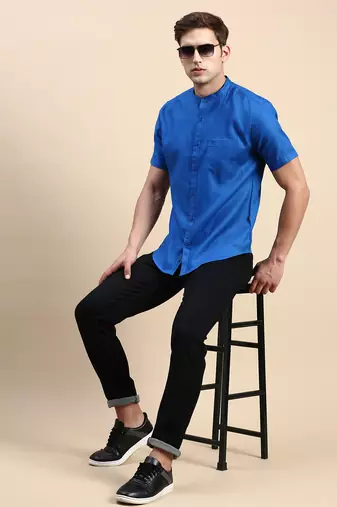 men's short sleeves solid blue shirt