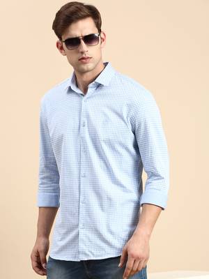 men's long sleeves gingham checks blue shirt 1