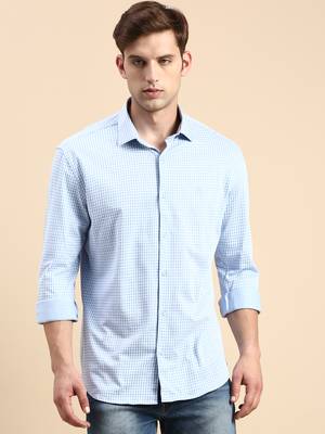 men's long sleeves gingham checks blue shirt 2