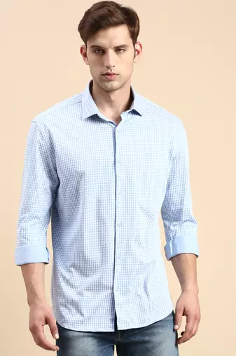men's long sleeves gingham checks blue shirt