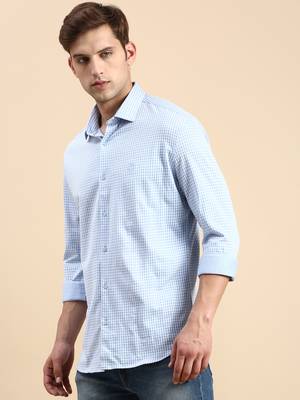 men's long sleeves gingham checks blue shirt 3