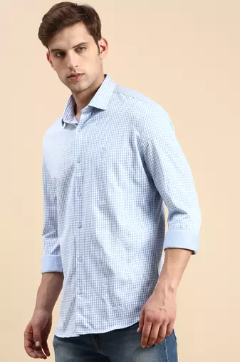 men's long sleeves gingham checks blue shirt