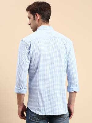 men's long sleeves gingham checks blue shirt 4