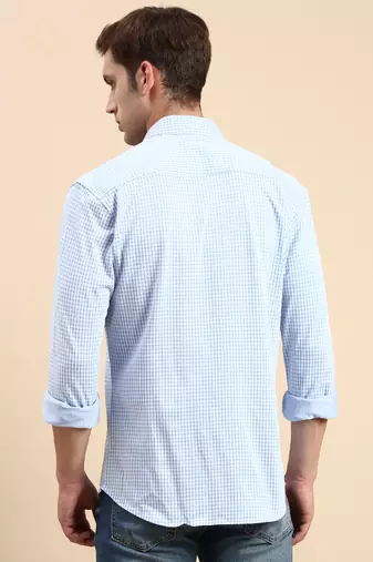 men's long sleeves gingham checks blue shirt
