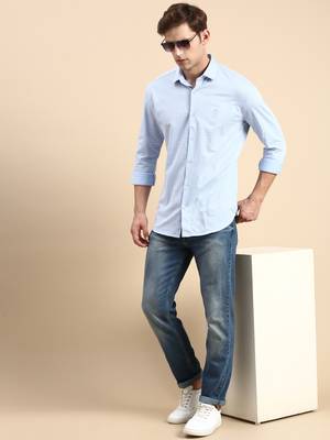 men's long sleeves gingham checks blue shirt 5