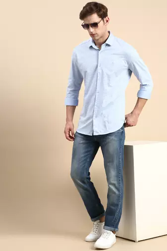 men's long sleeves gingham checks blue shirt