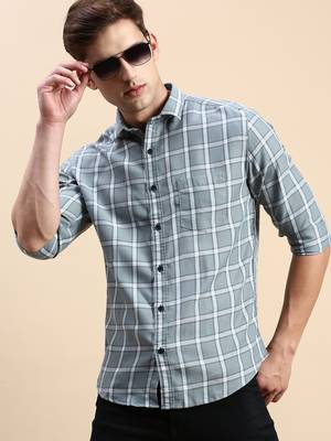 men's long sleeves windowpane checks sea green shirt 1
