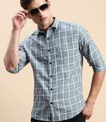 men's long sleeves windowpane checks sea green shirt