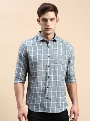 men's long sleeves windowpane checks sea green shirt 2