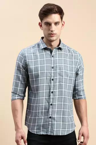men's long sleeves windowpane checks sea green shirt