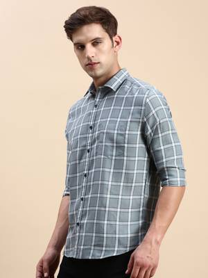 men's long sleeves windowpane checks sea green shirt 3