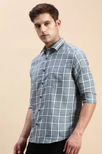 men's long sleeves windowpane checks sea green shirt