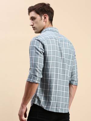 men's long sleeves windowpane checks sea green shirt 4
