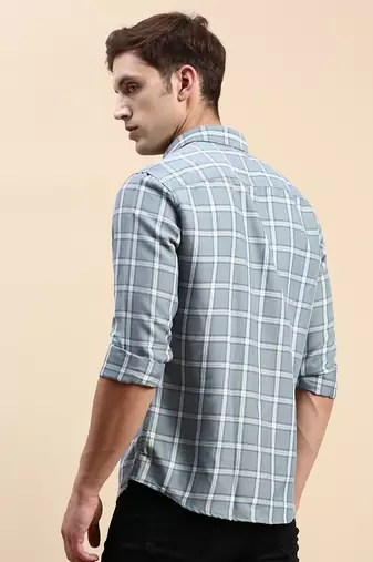 men's long sleeves windowpane checks sea green shirt