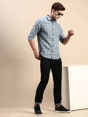 men's long sleeves windowpane checks sea green shirt 5