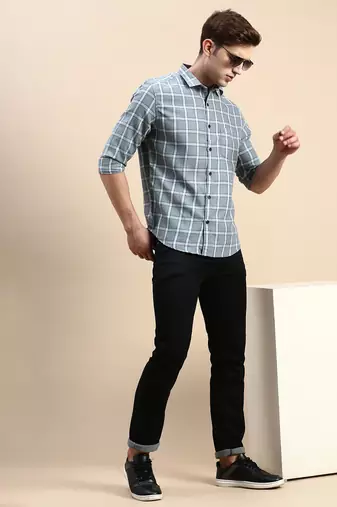 men's long sleeves windowpane checks sea green shirt
