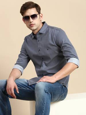 men's long sleeves geometric navy blue shirt 1