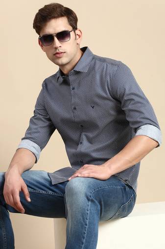 men's long sleeves geometric navy blue shirt