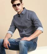 men's long sleeves geometric navy blue shirt