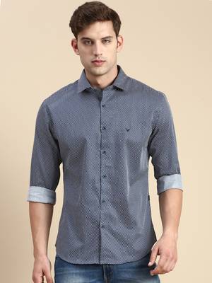 men's long sleeves geometric navy blue shirt 2