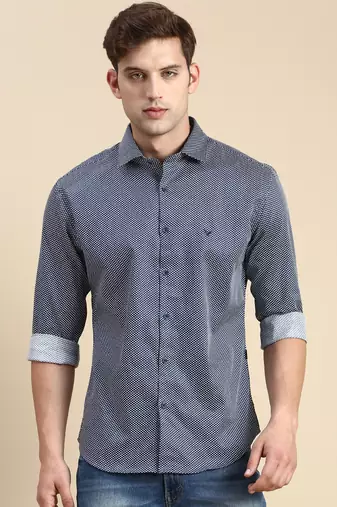 men's long sleeves geometric navy blue shirt