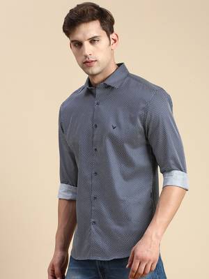 men's long sleeves geometric navy blue shirt 3