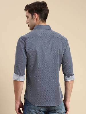men's long sleeves geometric navy blue shirt 4