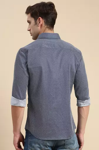 men's long sleeves geometric navy blue shirt
