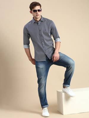 men's long sleeves geometric navy blue shirt 5