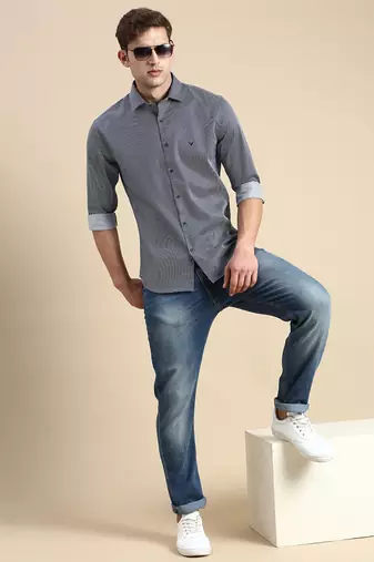 men's long sleeves geometric navy blue shirt