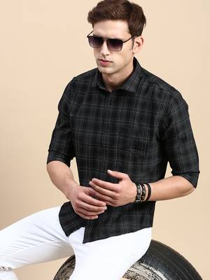 men's long sleeves tartan checks black shirt 1