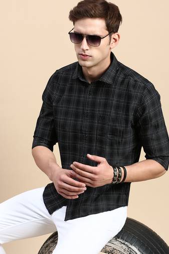 men's long sleeves tartan checks black shirt