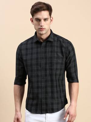 men's long sleeves tartan checks black shirt 2