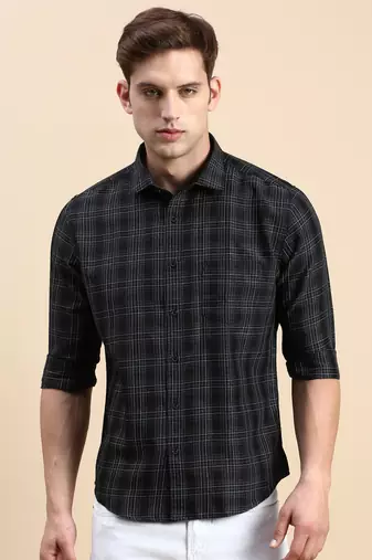 men's long sleeves tartan checks black shirt