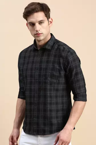 men's long sleeves tartan checks black shirt