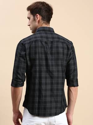 men's long sleeves tartan checks black shirt 4