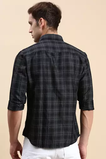 men's long sleeves tartan checks black shirt