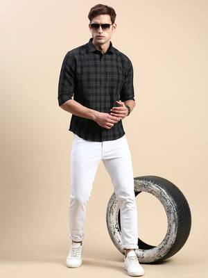 men's long sleeves tartan checks black shirt 5